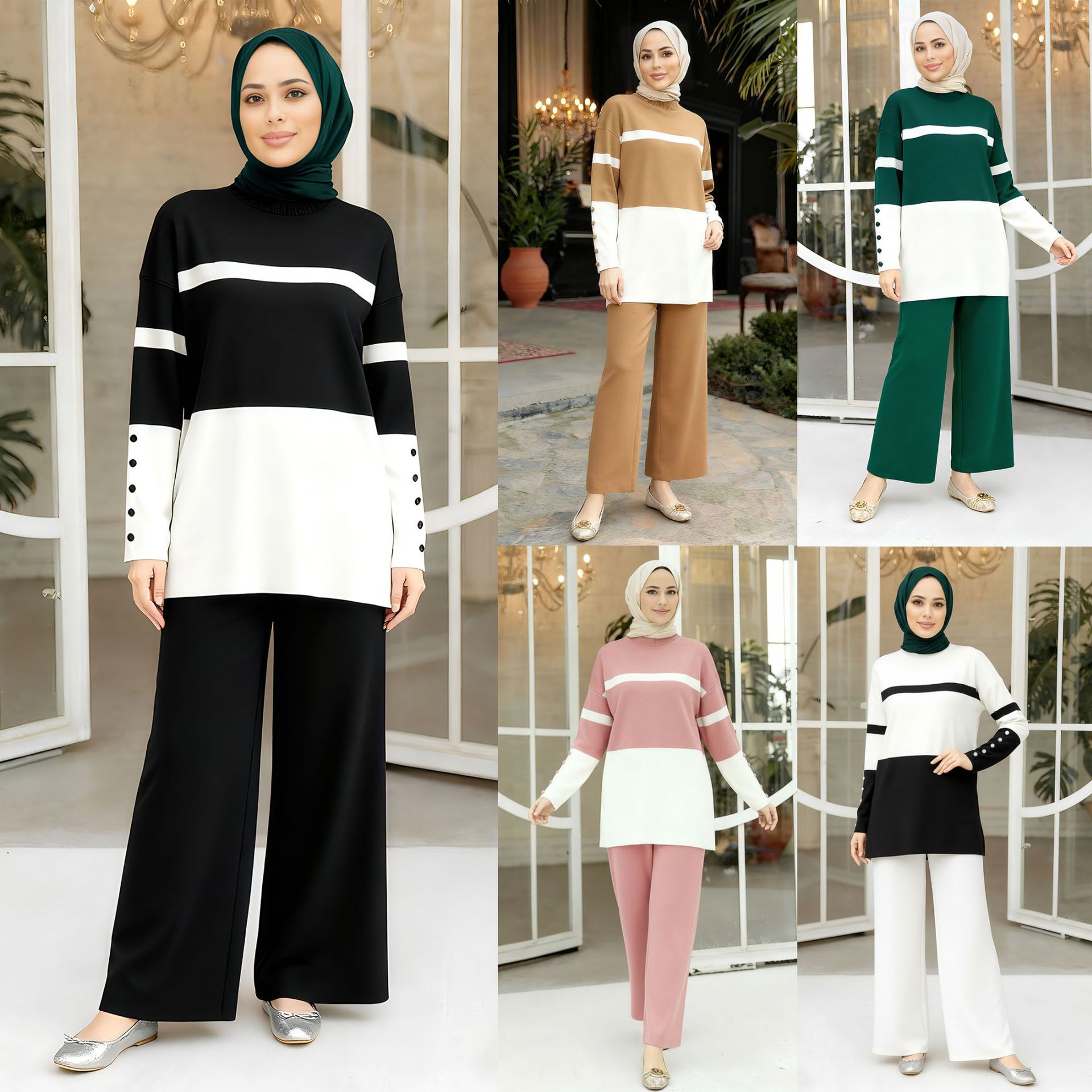 Jalabiya Women Arabic - イード女性用ニットセーター2ピースセットシャツワイドレッグパンツムスリムブラウスジャラビヤラマダン・ドバイ・ムスリム・アンサンブル・アラブ・ロング2026