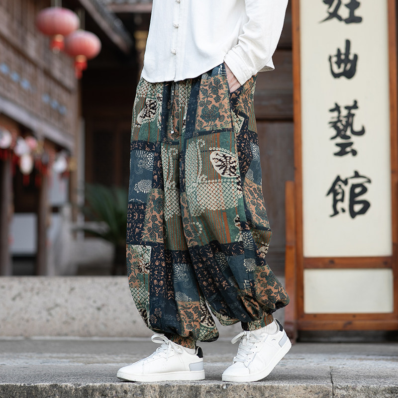 Ethnic Wear Men'S Fashion - メンズ 中国風 オーバーサイズ ハーレムパンツ エスニック柄 イージーウエスト